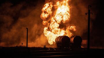 Tank cars set ablaze following recent shelling at a railway junction in the course of Russia-Ukraine conflict in Donetsk, Russian-controlled Ukraine, October 31, 2023. REUTERS/Stringer