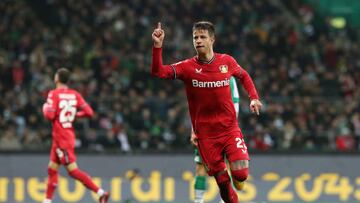 BREMEN, GERMANY - MARCH 12: Adam Hlozek of Bayer 04 Leverkusen celebrates after scoring the team's third goal during the Bundesliga match between SV Werder Bremen and Bayer 04 Leverkusen at Wohninvest Weserstadion on March 12, 2023 in Bremen, Germany. (Photo by Cathrin Mueller/Getty Images)