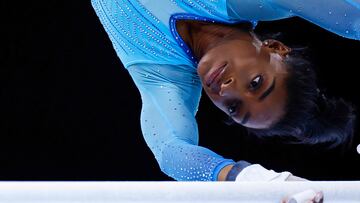 US Simone Biles competes during the women's qualifying session at the 52nd FIG Artistic Gymnastics World Championships, in Antwerp, northern Belgium, on October 01, 2023. (Photo by Kenzo TRIBOUILLARD / AFP)