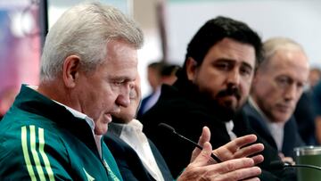 The head coach of the Mexican Football Selection, Javier Aguirre, gestures during a press conference to present the match that the Mexican National Soccer Team will play in against the United States National in Zapopan, Jalisco State, Mexico, on August 19, 2024.�. The Mexico Football team will play against the United States Football team on October 15, 2024, in Guadalajara, Mexico. (Photo by ULISES RUIZ / AFP)