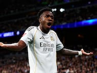 MADRID, SPAIN - MARCH 02: Vinicius Junior of Real Madrid reacts during the LaLiga EA Sports match between Real Madrid CF and Getafe CF at Estadio Santiago Bernabeu on March 02, 2026 in Madrid, Spain. (Photo by Alvaro Medranda/Quality Sport Images/Getty Images)