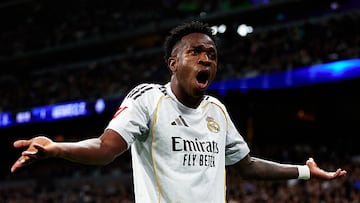 MADRID, SPAIN - MARCH 02: Vinicius Junior of Real Madrid reacts during the LaLiga EA Sports match between Real Madrid CF and Getafe CF at Estadio Santiago Bernabeu on March 02, 2026 in Madrid, Spain. (Photo by Alvaro Medranda/Quality Sport Images/Getty Images)