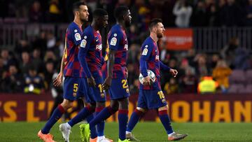 Messi, Dembele, Umtiti y Busquets, durante el partido del Barcelona contra el Celta.