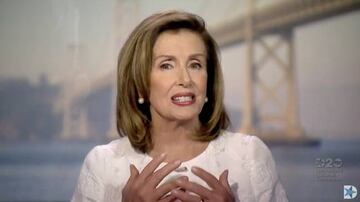 This video grab made on August 19, 2020 from the online broadcast of the Democratic National Convention, being held virtually amid the novel coronavirus pandemic, shows Speaker of the US House of Representatives Nancy Pelosi speaking during the third day 