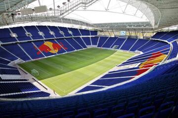 RB Leipzig's stadium with the Red Bull logo on the seats