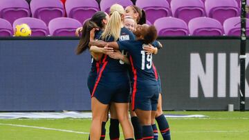 Feb 21, 2021; Orlando, Florida, USA; United States Christen Press (23) celebrates with team members after scoring the first goal against Brazil during the first half of the She Believes Cup soccer match at Exploria Stadium. Mandatory Credit: Mike Watters-