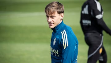 Dani Gómez, en un entrenamiento con el Real Zaragoza.