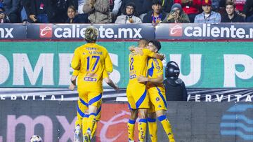 Nicolas Ibanez celebrates his goal 0-1 of Tigres during the 15th round match between Tijuana and Tigres UANL as part of the Liga BBVA MX, Torneo Apertura 2024 at Caliente Stadium on November 01, 2024 in Tijuana, Baja California, Mexico.