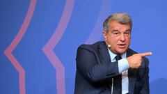 Barcelona's President Joan Laporta speaks during the presentation of the friendly match between FC Barcelona and Manchester City at Camp Nou stadium, in Barcelona, on June 20, 2022. - The friendly match will be held as benefit event for the Amyotrophic Lateral Sclerosis Foundation in Barcelona, on August 24, 2022. (Photo by LLUIS GENE / AFP) (Photo by LLUIS GENE/AFP via Getty Images)