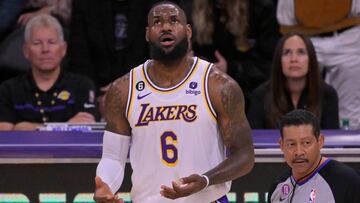May 20, 2023; Los Angeles, California, USA; Los Angeles Lakers forward LeBron James (6) reacts in the first half against the Denver Nuggets during game three of the Western Conference Finals for the 2023 NBA playoffs at Crypto.com Arena. Mandatory Credit: Jayne Kamin-Oncea-USA TODAY Sports
