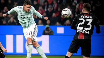 James Rodríguez por poco marca un gol ante el Bayer Leverkusen