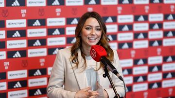 LAS ROZAS (MADRID), 12/12/2023.- La presidenta del Arandina CF, Virginia Martínez, atiende a la prensa tras su emparejamiento con el Real Madrid en el sorteo de los dieciseisavos de final de la competición este martes en la Ciudad del Fútbol de Las Rozas, Madrid. EFE/ Rodrigo Jiménez
