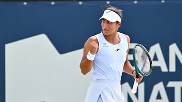 MONTREAL, CANADA - JULY 27: Jessica Bouzas Maneiro of Spain celebrates a point against Louisa Chirico of the United States during their first round match on Day One of the WTA 1000 National Bank Open at IGA Stadium on July 27, 2025 in Montreal, Quebec, Canada. Minas Panagiotakis/Getty Images/AFP (Photo by Minas Panagiotakis / GETTY IMAGES NORTH AMERICA / Getty Images via AFP)