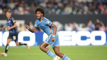Jul 28, 2024; Bronx, New York, USA; New York City FC forward Talles Magno (43) in action against Queretaro FC during the first half at Yankee Stadium. Mandatory Credit: Vincent Carchietta-USA TODAY Sports