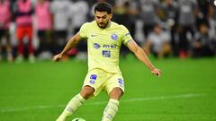 Aug 3, 2022; Los Angeles, California, US; Club America forward Henry Martin (21) scores during the penalty kick round against LAFC at SoFi Stadium. Mandatory Credit: Gary A. Vasquez-USA TODAY Sports