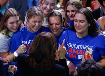 U.S. Vice President Kamala Harris meets supporters at a campaign rally in Madison.