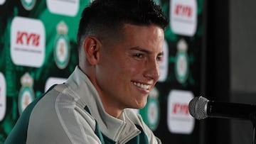 Colombian footballer James Rodriguez gestures during a press conference after his first day of training for Mexico's Leon, at their training grounds in Leon, Guanajuato state on January 14, 2025. (Photo by MARIO ARMAS / AFP) (Photo by MARIO ARMAS/AFP via Getty Images)
