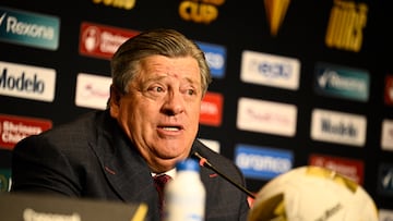 Jun 15, 2025; San Diego, California, USA; Costa Rica head coach Miguel Herrera speaks at a press conference following a win over Suriname in a group stage match of the 2025 Gold Cup at Snapdragon Stadium. Mandatory Credit: Denis Poroy-Imagn Images