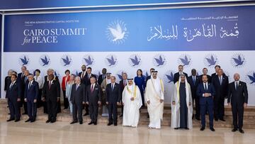 Sheikh Mohamed bin Zayed Al Nahyan, President of the United Arab Emirates stands for a photograph, during the Cairo Summit for Peace, with Charles Michel, President of the European Council, Nikos Christodoulides, President of Cyprus, Sheikh Tamim bin Hamad Al Thani, Emir of Qatar, King Hamad bin Isa Al Khalifa, King of Bahrain, Abdel Fattah El Sisi, President of Egypt , King Abdullah II, King of Jordan, Mahmoud Abbas, President of Palestine, Cyril Ramaphosa, President of South Africa, Mohamed Ould Ghazouani, President of Mauritania, Mohamed Al Menfi, Chairman of the Presidential Council of the State of Libya at the St. Regis, in Cairo, Egypt, October 21, 2023. UAE Presidential Court/ Abdulla Al Neyadi/Handout via REUTERS    THIS IMAGE HAS BEEN SUPPLIED BY A THIRD PARTY