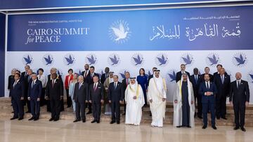 Sheikh Mohamed bin Zayed Al Nahyan, President of the United Arab Emirates stands for a photograph, during the Cairo Summit for Peace, with Charles Michel, President of the European Council, Nikos Christodoulides, President of Cyprus, Sheikh Tamim bin Hamad Al Thani, Emir of Qatar, King Hamad bin Isa Al Khalifa, King of Bahrain, Abdel Fattah El Sisi, President of Egypt , King Abdullah II, King of Jordan, Mahmoud Abbas, President of Palestine, Cyril Ramaphosa, President of South Africa, Mohamed Ould Ghazouani, President of Mauritania, Mohamed Al Menfi, Chairman of the Presidential Council of the State of Libya at the St. Regis, in Cairo, Egypt, October 21, 2023. UAE Presidential Court/ Abdulla Al Neyadi/Handout via REUTERS THIS IMAGE HAS BEEN SUPPLIED BY A THIRD PARTY