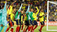 Jugadores de la Selección Colombia celebrando un triunfo en el Sudamericano Sub 20.