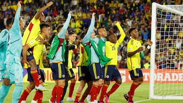Jugadores de la Selección Colombia celebrando un triunfo en el Sudamericano Sub 20.