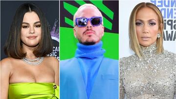 Collage de Selena Gomez, J Balvin y JLo. 