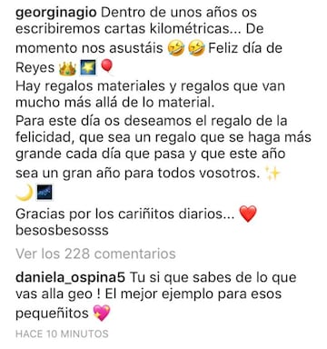 El comentario de Daniela Ospina a la foto de Georgina Rodríguez con los hijos mellizos de Cristiano Ronaldo en su primer encuentro con los Reyes Magos.