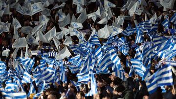 Real Sociedad's supporters cheer prior the UEFA Champions League last 16 second leg football match between Real Sociedad and Paris Saint-Germain (PSG) at the Anoeta stadium in San Sebastian on March 5, 2024. (Photo by FRANCK FIFE / AFP)