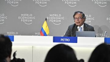 DAVOS, SWITZERLAND - JANUARY 19: (----EDITORIAL USE ONLY - MANDATORY CREDIT - "COLOMBIAN PRESIDENCY PRESS OFFICE / HANDOUT" -' - NO MARKETING NO ADVERTISING CAMPAIGNS - DISTRIBUTED AS A SERVICE TO CLIENTS----) Colombian President, Gustavo Petro speaks at the World Economic Forum in the Swiss city of Davos, Switzerland, January 19, 2023. (Photo by Colombian Press Office/Handout/Anadolu Agency via Getty Images)