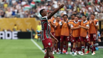 Fluminense's Colombian midfielder #21 Jhon Arias celebrates after scoring the opening goal during the FIFA Club World Cup 2025 Group F football match between Brazil's Fluminense and South Korea's Ulsan HD at the MetLife stadium in East Rutherford, New Jersey on June 21, 2025. (Photo by FRANCK FIFE / AFP) (Photo by FRANCK FIFE/AFP via Getty Images)