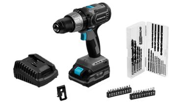 Este taladro percutor inalmbrico incluye un maletn y hasta 40 piezas de bricolaje