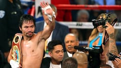 Manny Pacquiao celebra su victoria ante Jessie Vargas en su &uacute;ltimo combate en noviembre de 2016.