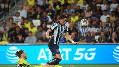 Aug 15, 2023; Nashville, TN, USA; Nashville SC defender Walker Zimmerman (25) tackles the ball way from CF Monterrey forward Rogelio Funes Mori (7) in the first half at GEODIS Park. Mandatory Credit: Christopher Hanewinckel-USA TODAY Sports