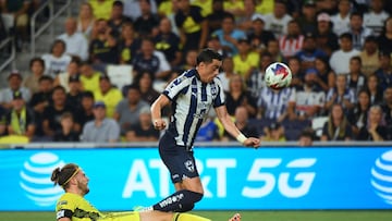 Aug 15, 2023; Nashville, TN, USA; Nashville SC defender Walker Zimmerman (25) tackles the ball way from CF Monterrey forward Rogelio Funes Mori (7) in the first half at GEODIS Park. Mandatory Credit: Christopher Hanewinckel-USA TODAY Sports