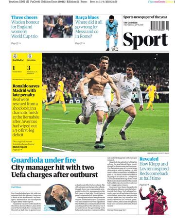 The Guardian (Reino Unido): "Cristiano salva al Madrid con un penalti tardío".