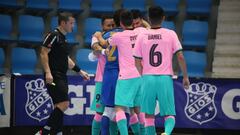 Los jugadores del Bar&ccedil;a celebran el triunfo ante Osasuna Magna.