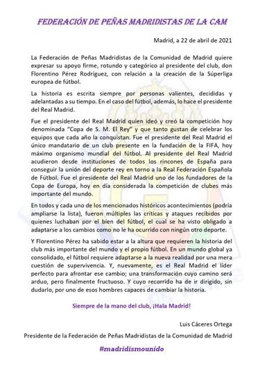 La peñas de la Comunidad de Madrid apoyan a Florentino en la creación de la Superliga
