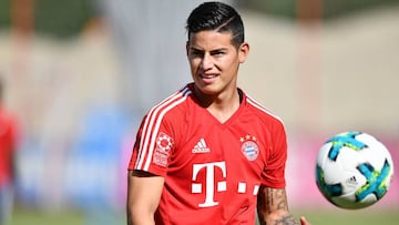 MUNICH, GERMANY - JULY 12: James Rodriguez of FC Bayern Muenchen plays with a ball during a training session at Saebener Strasse training ground on July 12, 2017 in Munich, Germany. (Photo by Sebastian Widmann/Bongarts/Getty Images)