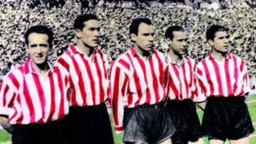 Iriondo, Venancio, Zarra, Panizo y Gainza, la delantera del Athletic en la d&eacute;cada de los 40 y principios de los 50, mucho despu&eacute;s de que el club cambiara el color de su uniforme.