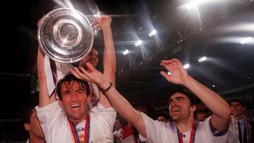 FILE PHOTO: ON THIS DAY -- May 20 May 20, 1998 SOCCER - Real Madrid's Christian Panucci and Manuel Sanchis celebrate winning the club's first European Cup in 32 years after a 1-0 victory against Juventus at the Amsterdam Arena. Juventus, playi