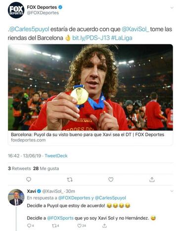 La cadena de televisión deportiva se equivocó al arrobar en su tweet al Xavi incorrecto, pues mencionaron a un comentarista de la competencia.