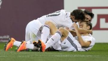 Celebración de uno de los dos goles de Dani Gómez.