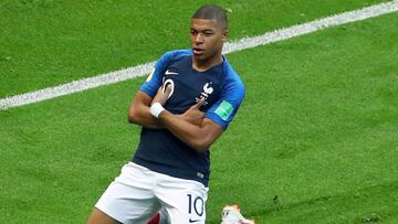 El delantero franc&eacute;s Kylian Mbapp&eacute; celebrando el tercer gol de la victoria de Francia ante Argentina por 4-3 en los octavos de final del Mundial de Rusia 2018.
 
 