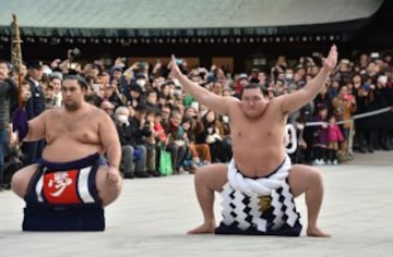 Los dos luchadores que compiten bajo los nombres de Yokozuna Kakuryu y Harumafuji son originarios de Mongolia. La ceremonia de ingreso al ring en la que se hace una ofrenda a los dioses sintoístas dura dos minutos.