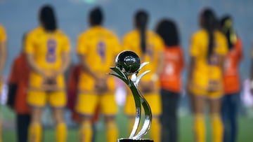 AME297. MONTERREY (MÉXICO), 27/11/2023.- Vista del trofeo del Apertura 2023 de la Liga MX Femenil previo a la vuelta de la final entre Tigres UANL y América, en el Estadio Universitario de la ciudad de Monterrey (México). EFE/Miguel Sierra
