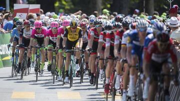 The peloton ride through Bellinzona during the 8th stage of the 82. Tour de Suisse UCI ProTour cycling race, on Saturday, June 16, 2018. (Samuel Golay/Keystone via AP)