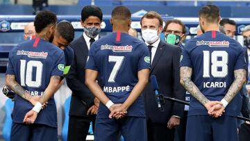 PARIS, FRANCE - JULY 24: 
 French president Emmanuel Macron and Neymar Jr, Kylian Mbappe and Mauro icardi before the French Cup Final match between Paris Saint Germain (PSG) and Saint Etienne (ASSE) at Stade de France on July 24, 2020 in Paris, France.(Ph