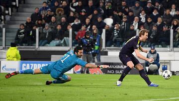 TURIN, ITALY - FEBRUARY 13:  Harry Kane of Tottenham Hotspur scores his sides first goal past Gianluigi Buffon of Juventus during the UEFA Champions League Round of 16 First Leg  match between Juventus and Tottenham Hotspur at Allianz Stadium on February 