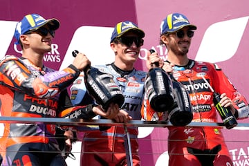 Marc Márquez, Jorge Martín y Francesco Bagnaia en el podio del circuito de Philip Island.